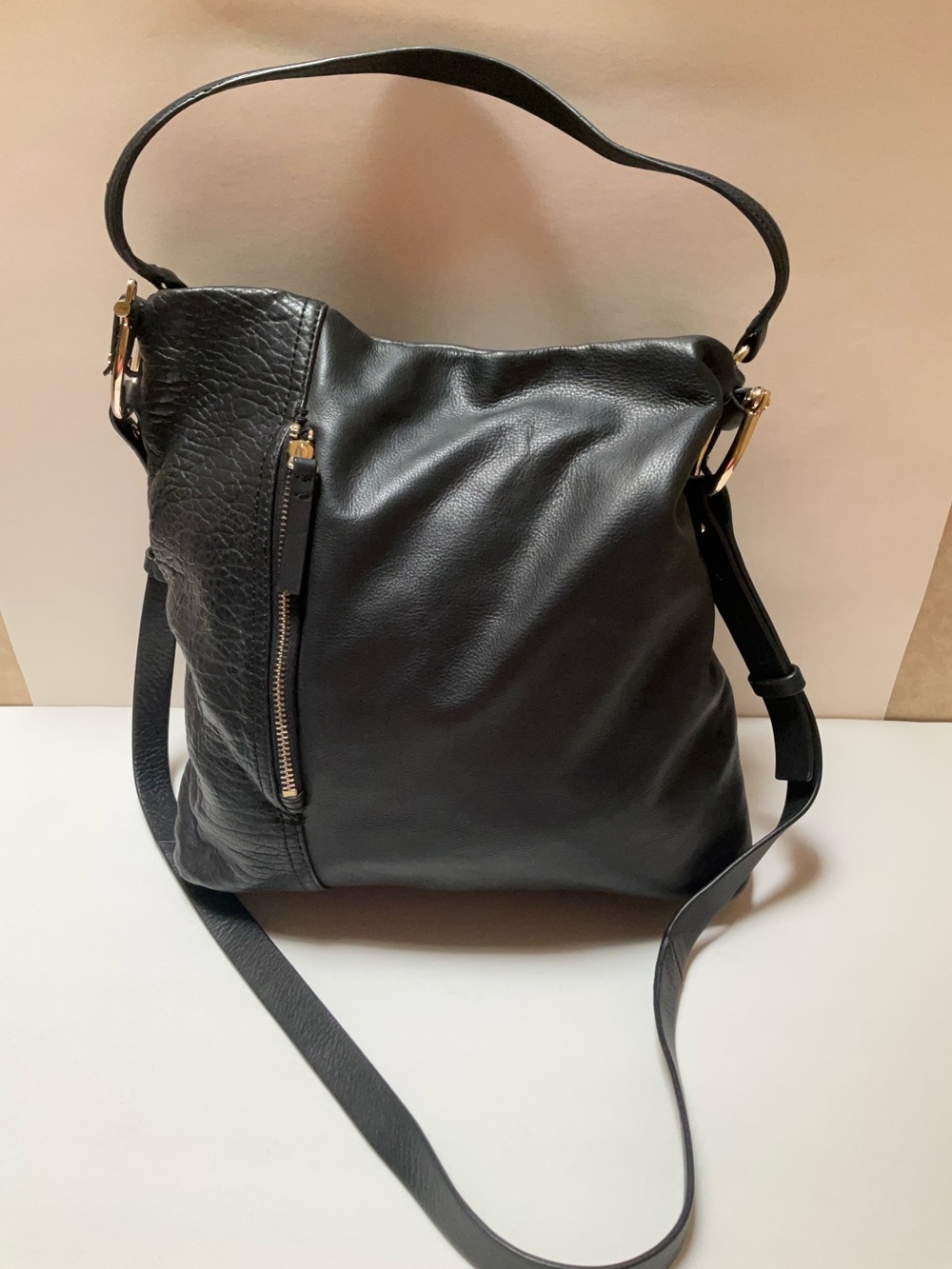 Kelsi Dagger Black Leather Shoulder Bag Dual straps Large Tote Bag Gold-tone
